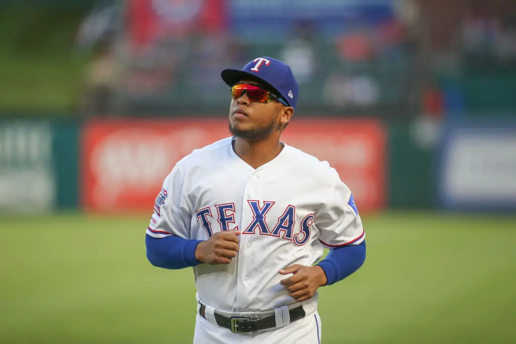 ARLINGTON, TX - SEPTEMBER 25: Texas Rangers outfielder Willie Calhoun (5) runs to the dugout during the game between the Boston Red Sox and Texas Rangers on September 25, 2019 at Globe Life Park in Arlington, TX