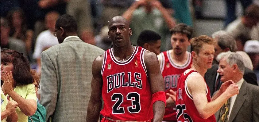 11 Jun 1997: Michael Jordan #23 of the Chicago Bulls walks on the court during game five of the NBA Finals against the Utah Jazz at the Delta Center in Salt Lake City, Utah. The Bulls defeated the Jazz 90-88. Mandatory Credit: Brian Bahr /Allsport