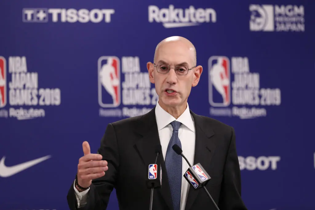 SAITAMA, JAPAN - OCTOBER 08: Commissioner of the National Basketball Association (NBA) Adam Silver speaks during a press conference prior to the preseason game between Houston Rockets and Toronto Raptors at Saitama Super Arena on October 08, 2019 in Saitama, Japan