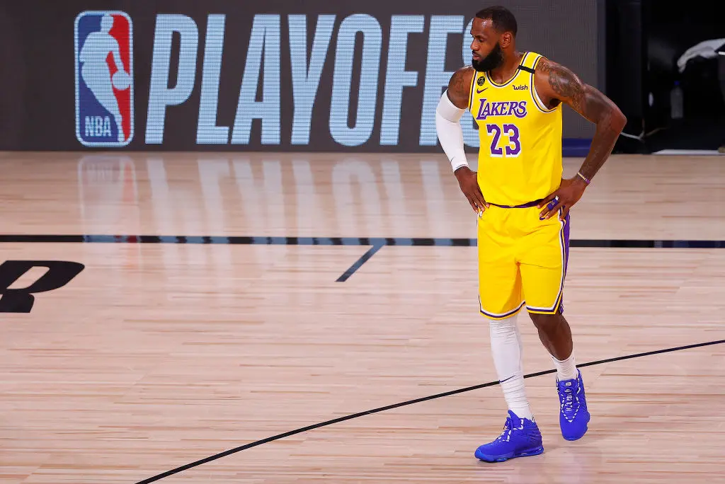 LAKE BUENA VISTA, FLORIDA - AUGUST 18: LeBron James #23 of the Los Angeles Lakers during the first quarter against the Portland Trail Blazers in Game One of the Western Conference First Round during the 2020 NBA Playoffs at AdventHealth Arena at ESPN Wide World Of Sports Complex on August 18, 2020 in Lake Buena Vista, Florida