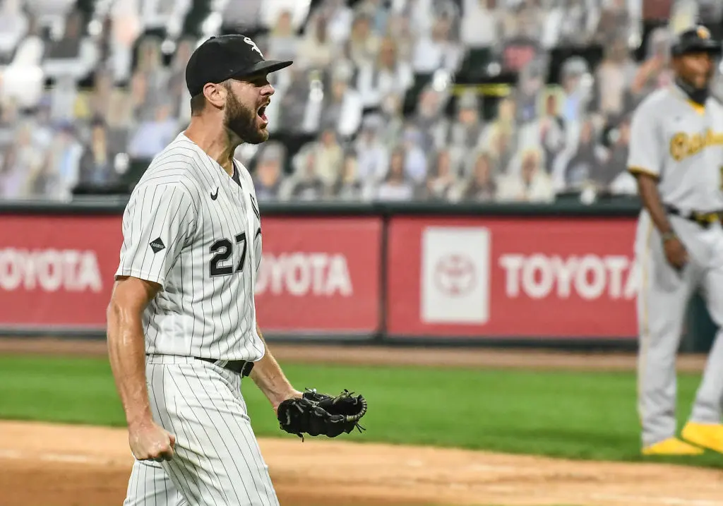 CHICAGO, IL - AUGUST 25: Chicago White Sox pitcher Lucas Giolito (27) celebrates throwing a no-hitter after a Major League Baseball game between the Chicago White Sox and Pittsburgh Pirates on August 25, 2020, at Guaranteed Rate Field, Chicago, IL