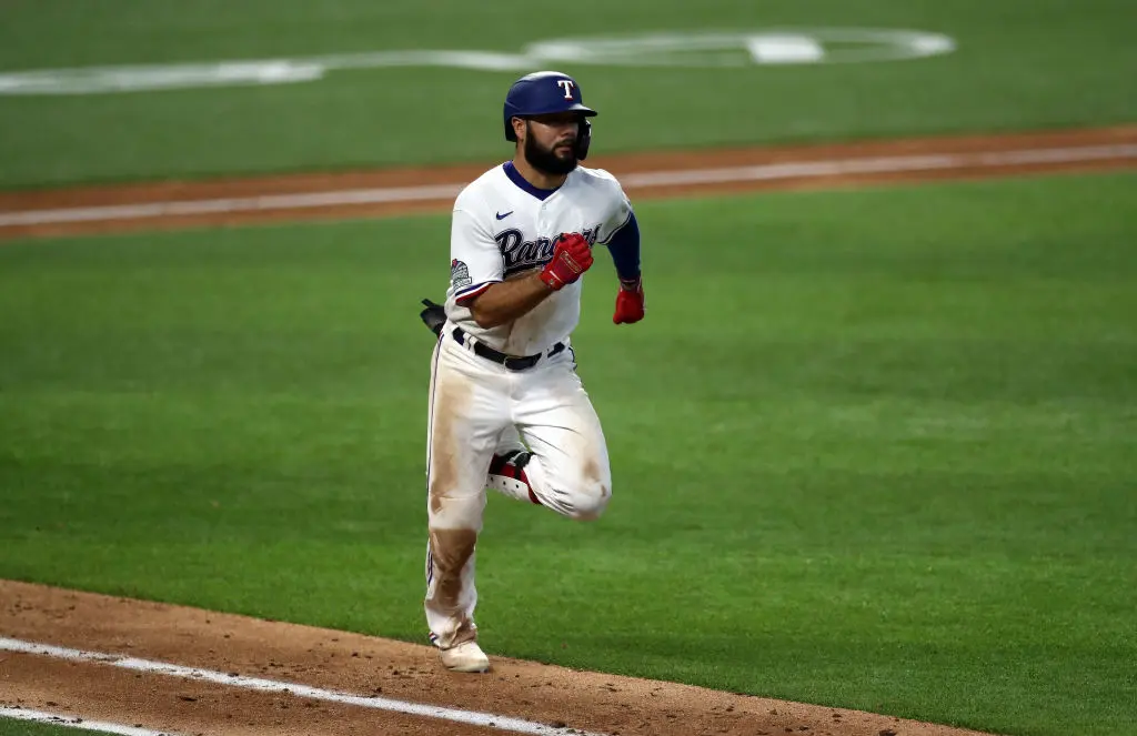 ARLINGTON, TEXAS - JULY 29: Isiah Kiner-Falefa #9 of the Texas Rangers at Globe Life Field on July 29, 2020 in Arlington, Texas