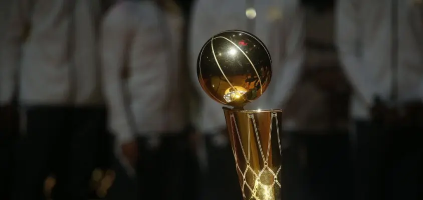 TORONTO, ON- OCTOBER 22 - The Larry O'Brien Trophy surrounded by rings as the Toronto Raptors open the season against the New Orleans Pelicans with a 130-122 overtime win at Scotiabank Arena in Toronto. October 22, 2019.