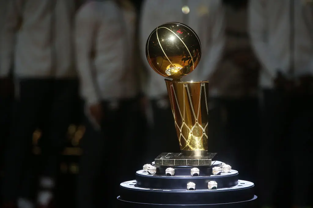 TORONTO, ON- OCTOBER 22 - The Larry O'Brien Trophy surrounded by rings as the Toronto Raptors open the season against the New Orleans Pelicans with a 130-122 overtime win at Scotiabank Arena in Toronto. October 22, 2019.