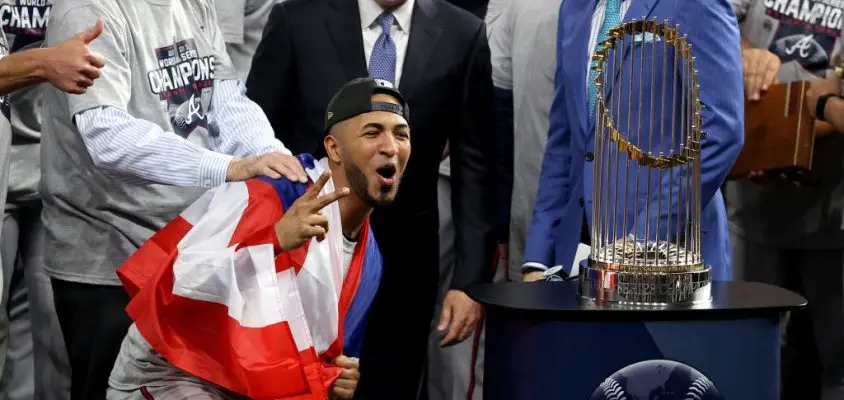 HOUSTON, TEXAS - NOVEMBER 02: Eddie Rosario #8 of the Atlanta Braves celebrates after the team's 7-0 victory against the Houston Astros in Game Six to win the 2021 World Series at Minute Maid Park on November 02, 2021 in Houston, Texas