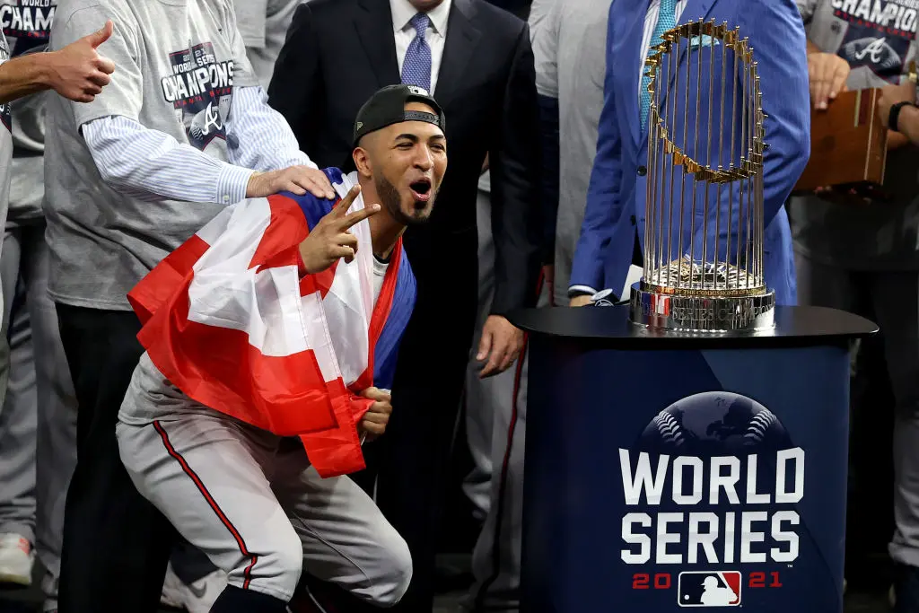 HOUSTON, TEXAS - NOVEMBER 02: Eddie Rosario #8 of the Atlanta Braves celebrates after the team's 7-0 victory against the Houston Astros in Game Six to win the 2021 World Series at Minute Maid Park on November 02, 2021 in Houston, Texas