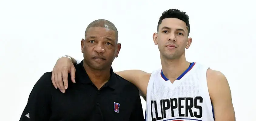 PLAYA VISTA, CA - SEPTEMBER 26: Doc Rivers of the Los Angeles Clippers with his son Austin Rivers #25 during media day at the Los Angeles Clippers Training Center on September 26, 2016 in Playa Vista, California