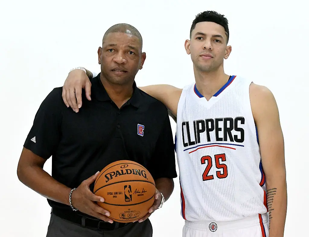 PLAYA VISTA, CA - SEPTEMBER 26: Doc Rivers of the Los Angeles Clippers with his son Austin Rivers #25 during media day at the Los Angeles Clippers Training Center on September 26, 2016 in Playa Vista, California