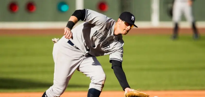 BOSTON, MA - SEPTEMBER 20: DJ LeMahieu #26 of the New York Yankees fields a ground ball during the game between the New York Yankees and the Boston Red Sox at Fenway Park on Sunday, September 20, 2020 in Boston, Massachusetts