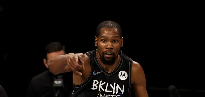 NEW YORK, NEW YORK - FEBRUARY 05: Kevin Durant #7 of the Brooklyn Nets celebrates his three point shot in the second quarter against the Toronto Raptors at Barclays Center on February 05, 2021 in New York City