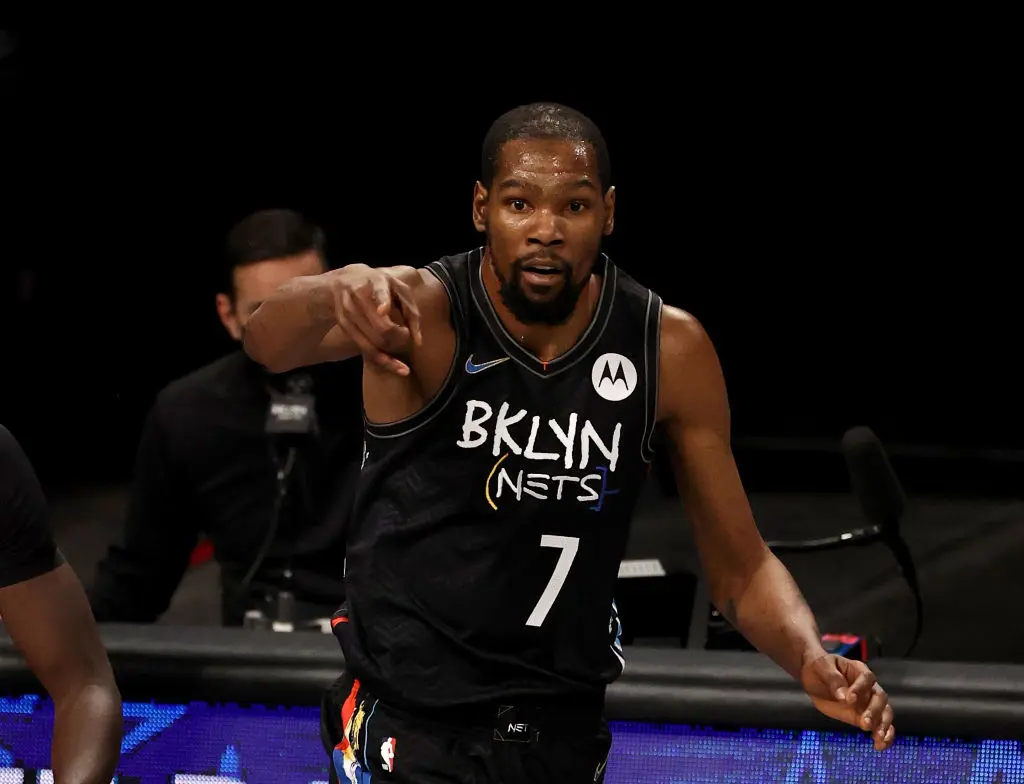 NEW YORK, NEW YORK - FEBRUARY 05: Kevin Durant #7 of the Brooklyn Nets celebrates his three point shot in the second quarter against the Toronto Raptors at Barclays Center on February 05, 2021 in New York City