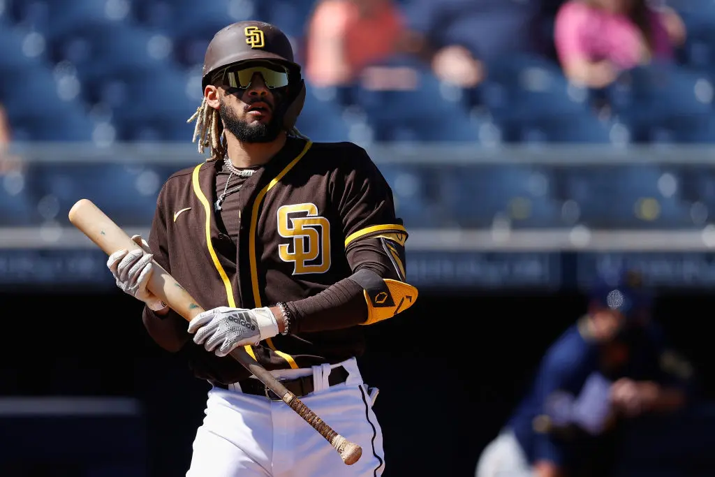 PEORIA, ARIZONA - MARCH 03: Fernando Tatis Jr. #23 of the San Diego Padres bats against the Milwaukee Brewers during the MLB spring training game on March 03, 2021 in Peoria, Arizona