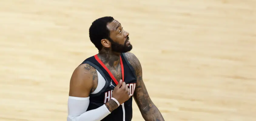 MIAMI, FLORIDA - APRIL 19: John Wall #1 of the Houston Rockets reacts against the Miami Heat during the first quarter at American Airlines Arena on April 19, 2021 in Miami, Florida