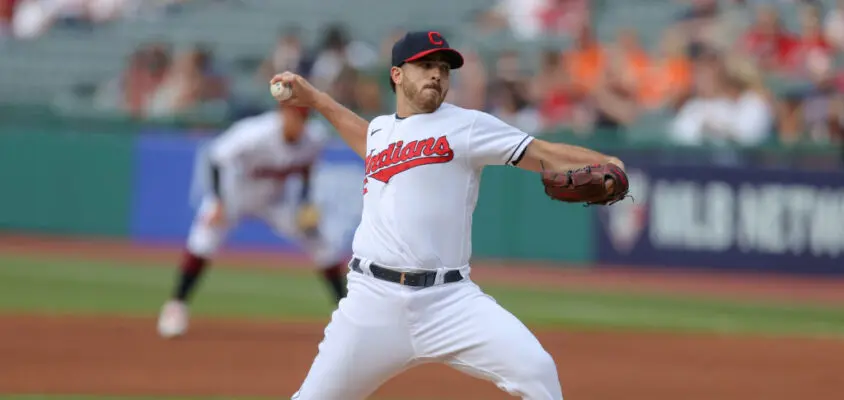 CLEVELAND, OH - JUNE 16: Cleveland Indians starting pitcher Aaron Civale (43) delivers a pitch to the plate during the first inning of the Major League Baseball game between the Baltimore Orioles and Cleveland Indians on June 16, 2021, at Progressive Field in Cleveland, OH