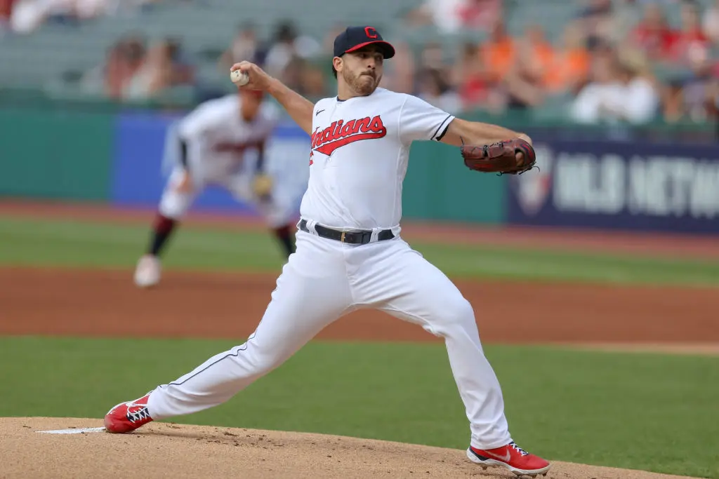 CLEVELAND, OH - JUNE 16: Cleveland Indians starting pitcher Aaron Civale (43) delivers a pitch to the plate during the first inning of the Major League Baseball game between the Baltimore Orioles and Cleveland Indians on June 16, 2021, at Progressive Field in Cleveland, OH