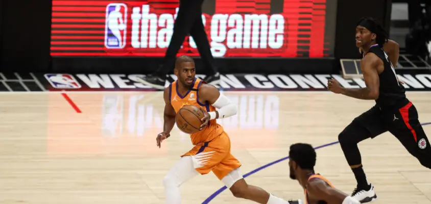 LOS ANGELES, CA - JUNE 30: Phoenix Suns guard Chris Paul (3) looks back as comes down the court during game 6 of the NBA Western Conference Final between the Phoenix Suns and the Los Angeles Clippers on June 30, 2021, at Staples Center in Los Angeles, CA