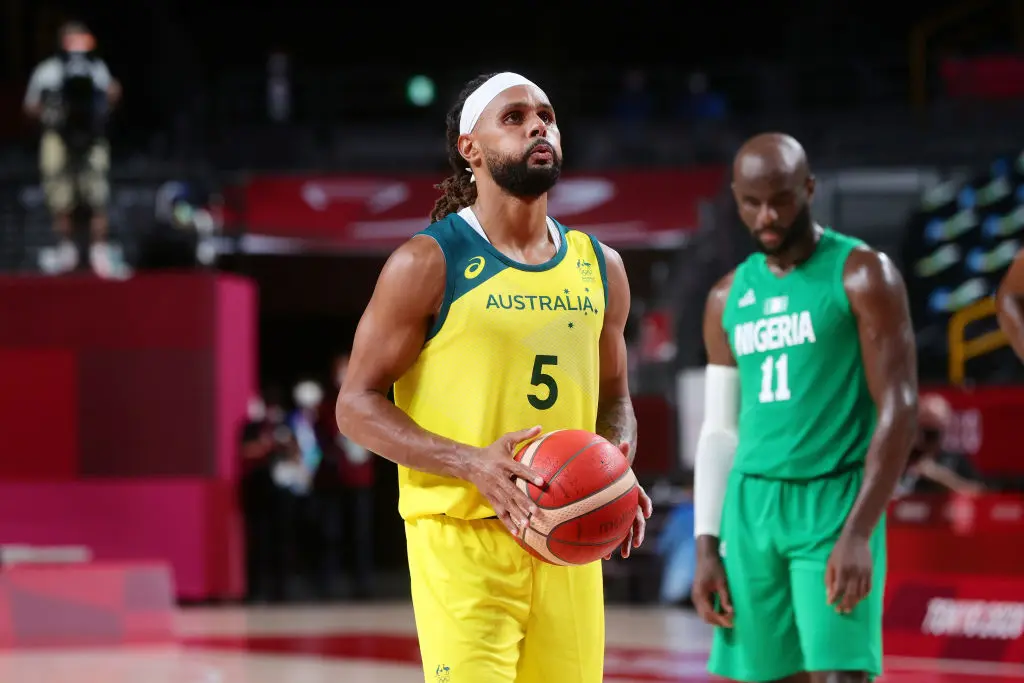 TOKYO, JAPAN - JULY 25: Patty Mills of Team Australia gets ready to shoot during the Men's Basketball preliminary Round Group B - Match 3 between Australia and Nigeria on Day 2 of the Tokyo 2020 Olympic Games at Saitama Super Arena on July 25, 2021 in Tokyo, Japan