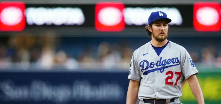 SAN DIEGO, CA - JUNE 23: Trevor Bauer #27 of the Los Angeles Dodgers pauses between pitches during the game between the Los Angeles Dodgers and the San Diego Padres at Petco Park on Wednesday, June 23, 2021 in San Diego, California