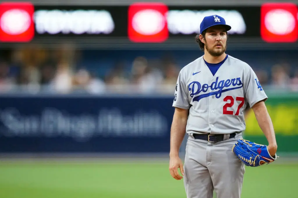 SAN DIEGO, CA - JUNE 23: Trevor Bauer #27 of the Los Angeles Dodgers pauses between pitches during the game between the Los Angeles Dodgers and the San Diego Padres at Petco Park on Wednesday, June 23, 2021 in San Diego, California