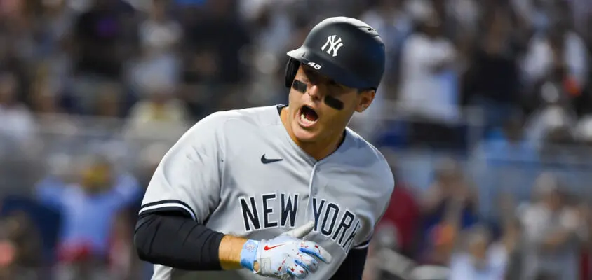 MIAMI, FL - AUGUST 01: Anthony Rizzo #48 of the New York Yankees reacts towards the bench after hitting an RBI single in the eighth inning against the Miami Marlins at loanDepot park on August 1, 2021 in Miami, Florida