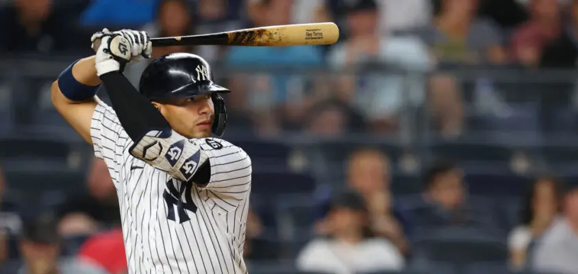 NEW YORK, NY - JULY 18: Gleyber Torres #25 of the New York Yankees in action against the Boston Red Sox during a game at Yankee Stadium on July 18, 2021 in New York City