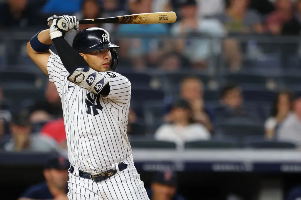 NEW YORK, NY - JULY 18: Gleyber Torres #25 of the New York Yankees in action against the Boston Red Sox during a game at Yankee Stadium on July 18, 2021 in New York City