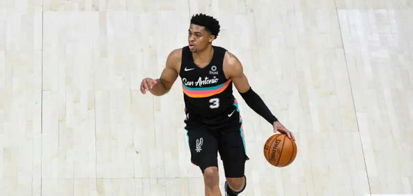 SALT LAKE CITY, UTAH - MAY 05: Keldon Johnson #3 of the San Antonio Spurs in action during a game against the Utah Jazz at Vivint Smart Home Arena on May 5, 2021 in Salt Lake City, Utah