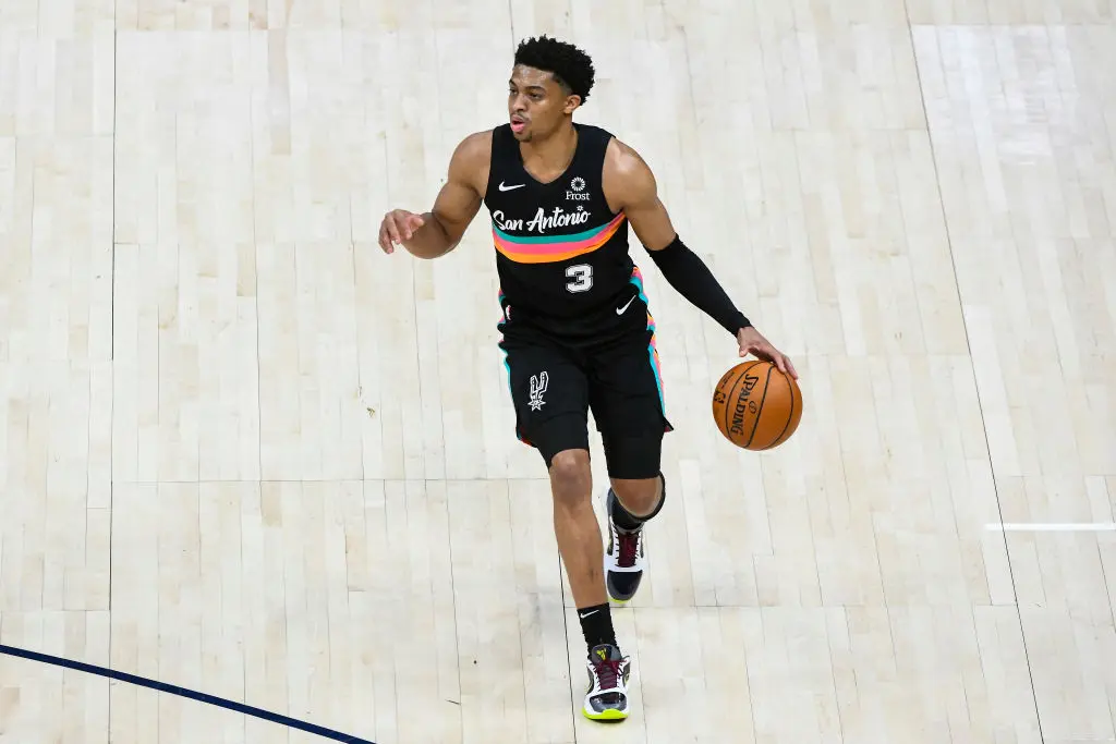 SALT LAKE CITY, UTAH - MAY 05: Keldon Johnson #3 of the San Antonio Spurs in action during a game against the Utah Jazz at Vivint Smart Home Arena on May 5, 2021 in Salt Lake City, Utah