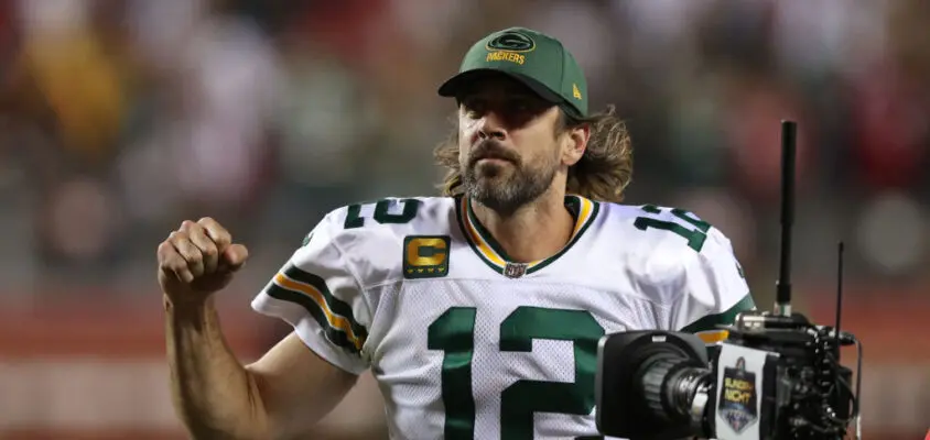 SANTA CLARA, CALIFORNIA - SEPTEMBER 26: Aaron Rodgers #12 of the Green Bay Packers leaves the field after defeating the San Francisco 49ers in the game at Levi's Stadium on September 26, 2021 in Santa Clara, California