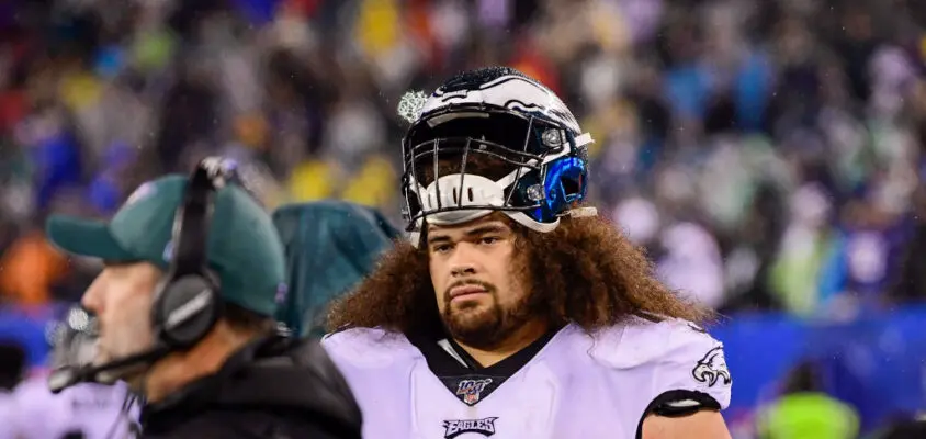 EAST RUTHERFORD, NEW JERSEY - DECEMBER 29: Isaac Seumalo #73 of the Philadelphia Eagles looks on against the New York Giants at MetLife Stadium on December 29, 2019 in East Rutherford, New Jersey