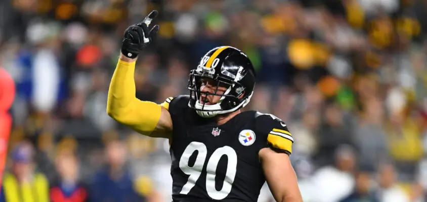 PITTSBURGH, PENNSYLVANIA - OCTOBER 17: T.J. Watt #90 of the Pittsburgh Steelers reacts during the first quarter against the Seattle Seahawks at Heinz Field on October 17, 2021 in Pittsburgh, Pennsylvania