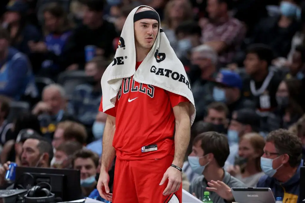 DENVER, COLORADO - NOVEMBER 19: Alex Caruso #6 of the Chicago Bulls plays the Denver Nuggets at Ball Arena on November 19, 2021 in Denver, Colorado.