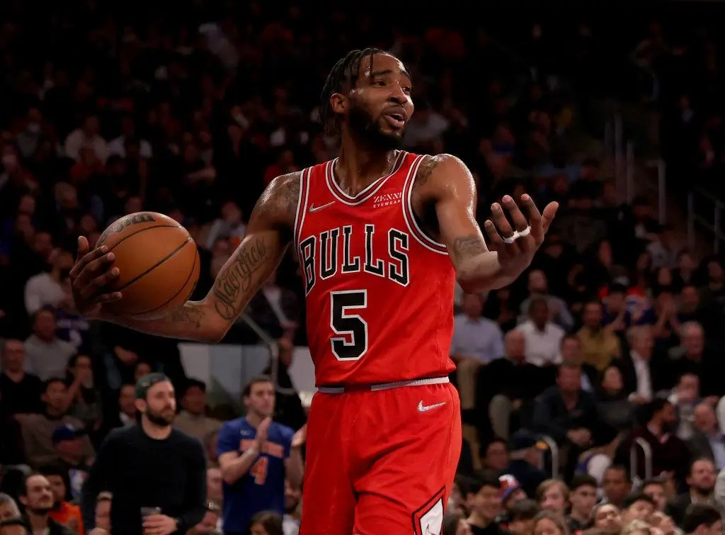 NEW YORK, NEW YORK - DECEMBER 02: Derrick Jones Jr. #5 of the Chicago Bulls reacts after he is called for a foul in the second quarter against the New York Knicks at Madison Square Garden on December 02, 2021 in New York City