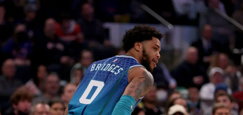 NEW YORK, NEW YORK - JANUARY 17: Miles Bridges #0 of the Charlotte Hornets celebrates his three point shot in the first half against the New York Knicks at Madison Square Garden on January 17, 2022 in New York City