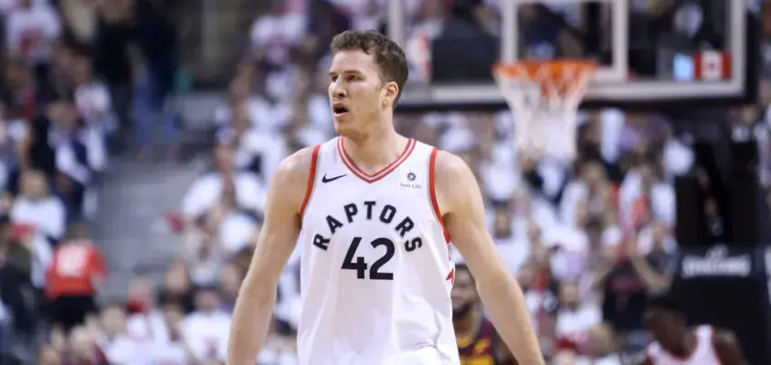 TORONTO, ON - MAY 01: Jakob Poeltl #42 of the Toronto Raptors looks on in the first half of Game One of the Eastern Conference Semifinals against the Cleveland Cavaliers during the 2018 NBA Playoffs at Air Canada Centre on May 1, 2018 in Toronto, Canada.