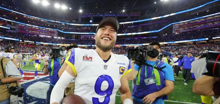 INGLEWOOD, CALIFORNIA - FEBRUARY 13: Matthew Stafford #9 of the Los Angeles Rams celebrates after Super Bowl LVI at SoFi Stadium on February 13, 2022 in Inglewood, California. The Los Angeles Rams defeated the Cincinnati Bengals 23-20