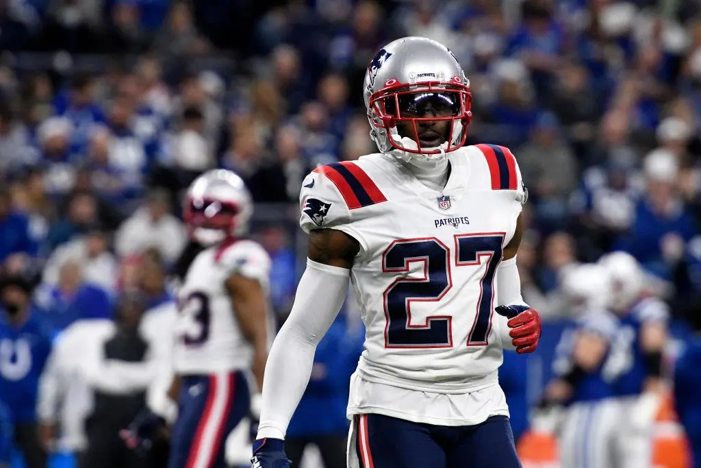 INDIANAPOLIS, IN - DECEMBER 18: New England Patriots Cornerback J.C. Jackson (27) looks to the sideline during the NFL football game between the New England Patriots and the Indianapolis Colts on December 18, 2021, at Lucas Oil Stadium in Indianapolis, Indiana