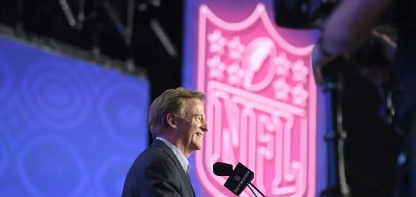 LAS VEGAS, NEVADA - APRIL 28: NFL Commissioner Roger Goodell speaks on stage to kick off round one of the 2022 NFL Draft on April 28, 2022 in Las Vegas, Nevada