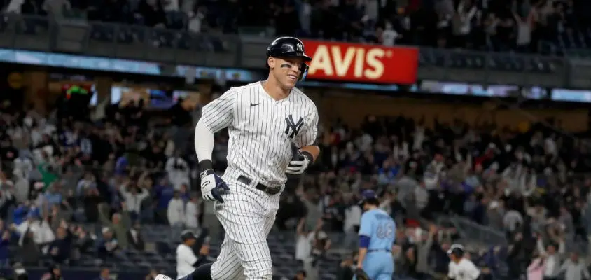 NEW YORK, NEW YORK - MAY 10: Aaron Judge #99 of the New York Yankees runs the bases after his ninth inning game winning three run home run against Jordan Romano #68 of the Toronto Blue Jays at Yankee Stadium on May 10, 2022 in New York City. The Yankees defeated the Blue Jays 6-5