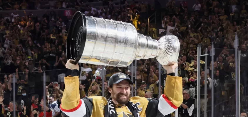 LAS VEGAS, NEVADA - JUNE 13: Mark Stone #61 of the Vegas Golden Knights celebrates the Stanley Cup victory over the Florida Panthers in Game Five of the 2023 NHL Stanley Cup Final at T-Mobile Arena on June 13, 2023 in Las Vegas, Nevada