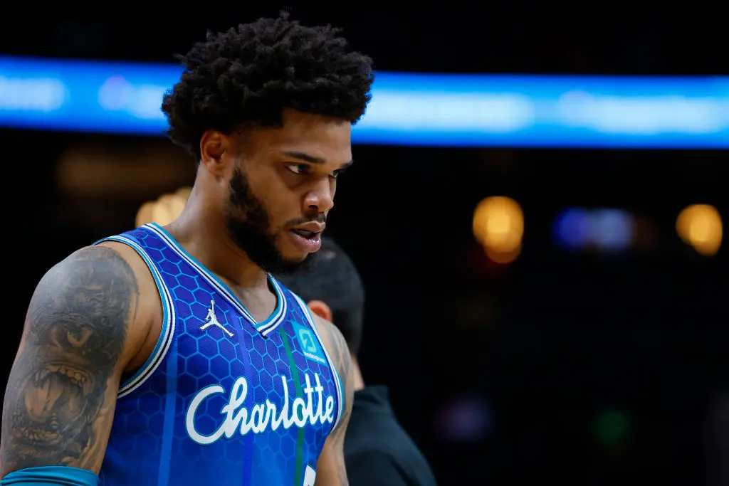 ATLANTA, GA - APRIL 13: Miles Bridges #0 of the Charlotte Hornets reacts during the second half against the Atlanta Hawks at State Farm Arena on April 13, 2022 in Atlanta, Georgia.