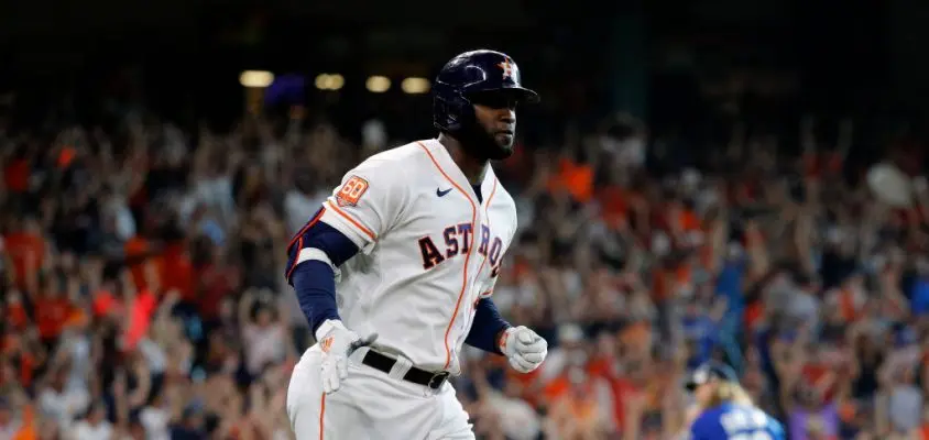 HOUSTON, TEXAS - JULY 04: Yordan Alvarez #44 of the Houston Astros hits a walk-off home run in the ninth inning against the Kansas City Royals at Minute Maid Park on July 04, 2022 in Houston, Texas