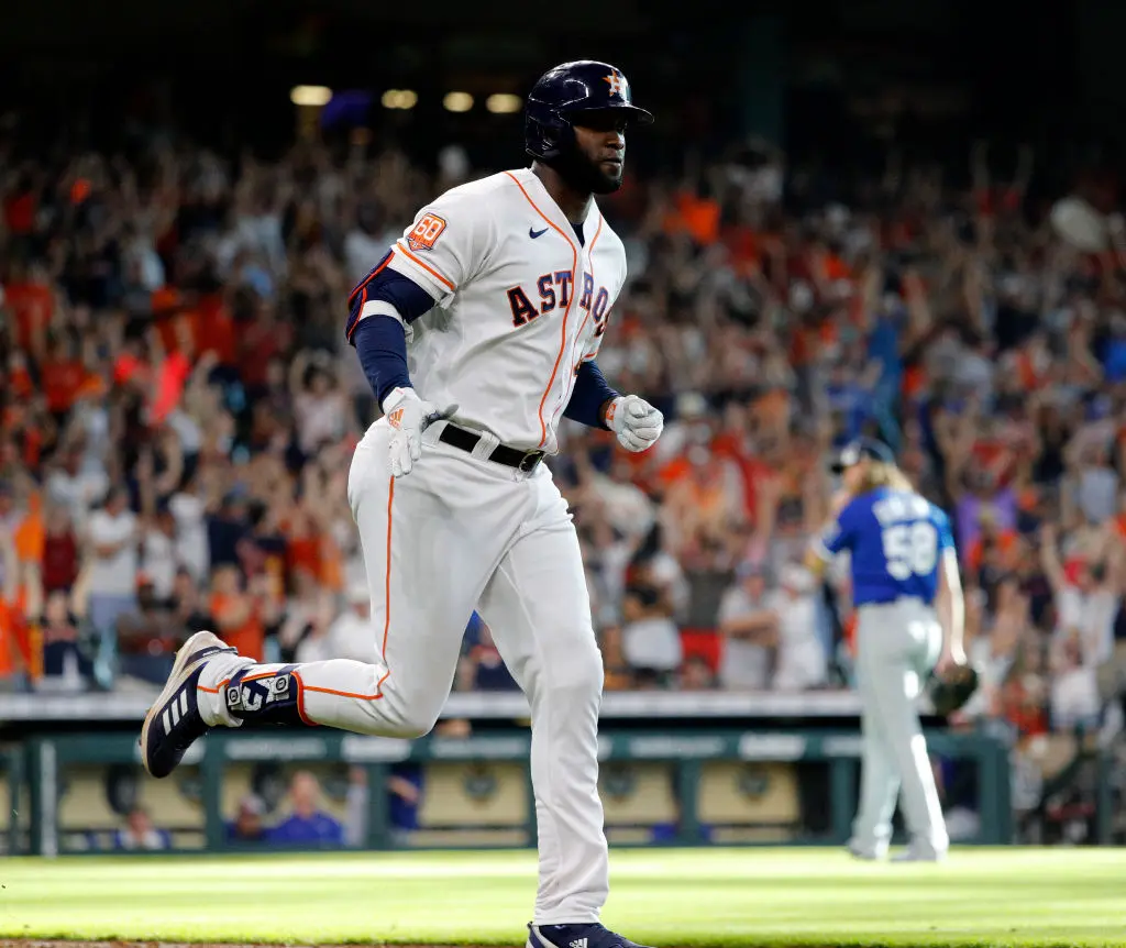 HOUSTON, TEXAS - JULY 04: Yordan Alvarez #44 of the Houston Astros hits a walk-off home run in the ninth inning against the Kansas City Royals at Minute Maid Park on July 04, 2022 in Houston, Texas