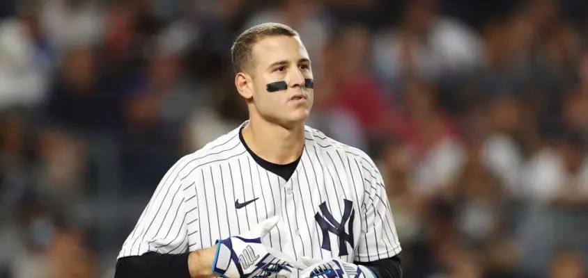 NEW YORK, NEW YORK - AUGUST 15: Anthony Rizzo #48 of the New York Yankees reacts after striking out during the eighth inning against the Tampa Bay Rays at Yankee Stadium on August 15, 2022 in the Bronx borough of New York City. The Rays won 4-0