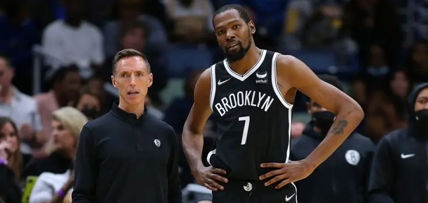 NEW ORLEANS, LOUISIANA - NOVEMBER 12: Kevin Durant #7 of the Brooklyn Nets and head coach Steve Nash talk during a game against the New Orleans Pelicans at the Smoothie King Center on November 12, 2021 in New Orleans, Louisiana.