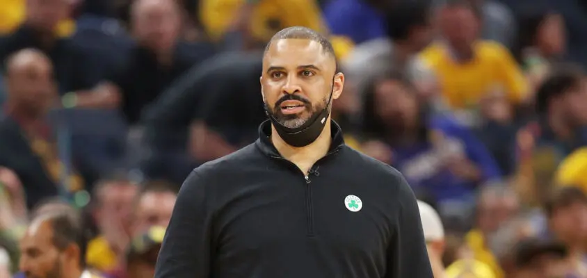 SAN FRANCISCO, CALIFORNIA - JUNE 02: Head coach Ime Udoka of the Boston Celtics looks on during the second quarter against the Golden State Warriors in Game One of the 2022 NBA Finals at Chase Center on June 02, 2022 in San Francisco, California.