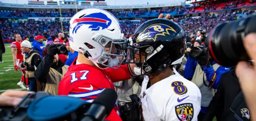 ORCHARD PARK, NY - DECEMBER 08: NFL -Josh Allen #17 of the Buffalo Bills shakes hands with Lamar Jackson #8 of the Baltimore Ravens after the game at New Era Field on December 8, 2019 in Orchard Park, New York. Baltimore defeats Buffalo 24-17.