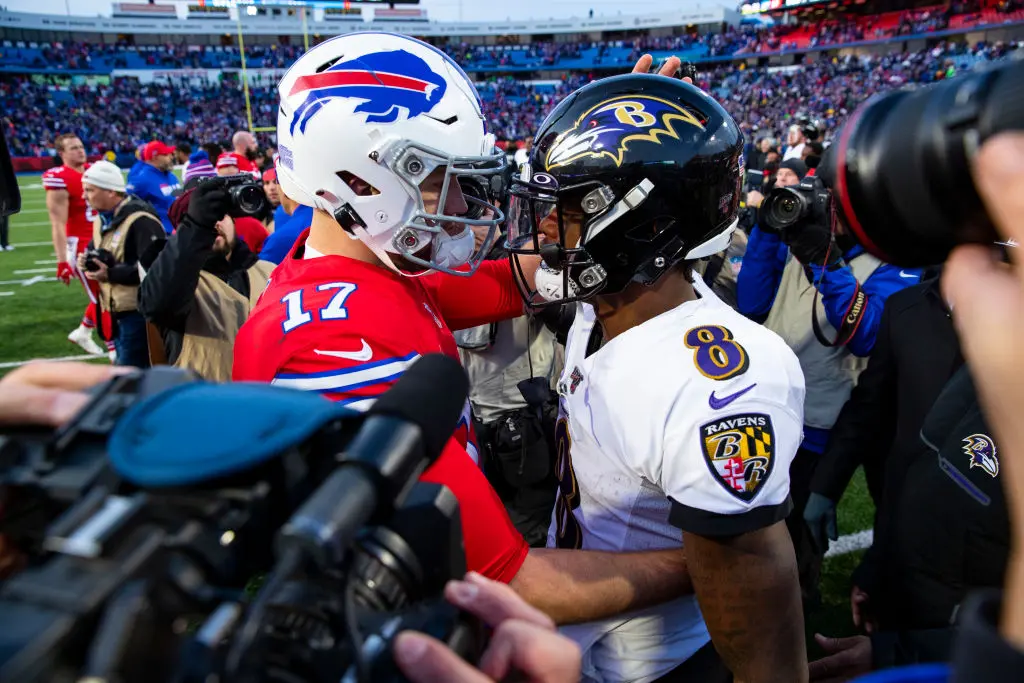 ORCHARD PARK, NY - DECEMBER 08: NFL -Josh Allen #17 of the Buffalo Bills shakes hands with Lamar Jackson #8 of the Baltimore Ravens after the game at New Era Field on December 8, 2019 in Orchard Park, New York. Baltimore defeats Buffalo 24-17.