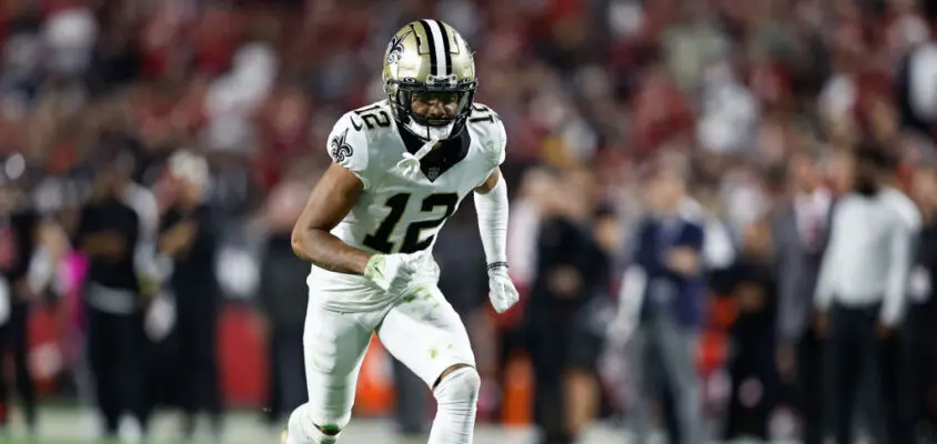 GLENDALE, ARIZONA - OCTOBER 20: Chris Olave #12 of the New Orleans Saints runs a route during an NFL football game between the Arizona Cardinals and the New Orleans Saints at State Farm Stadium on October 20, 2022 in Glendale, Arizona