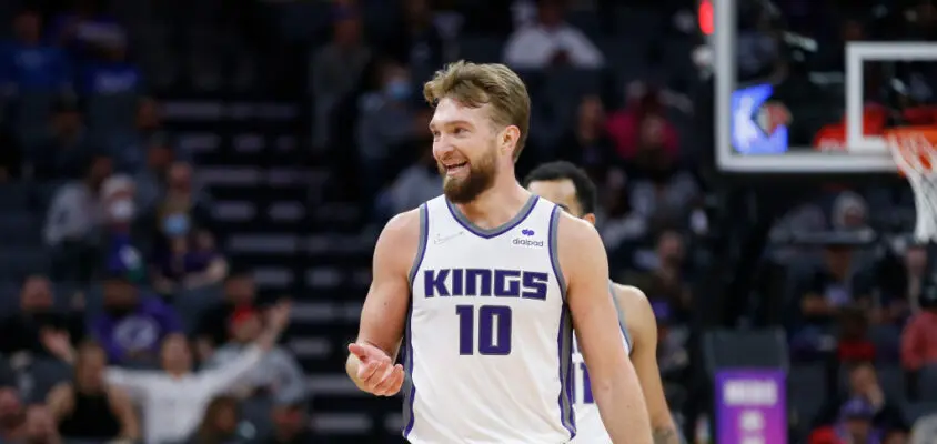 SACRAMENTO, CALIFORNIA - MARCH 07: Domantas Sabonis #10 of the Sacramento Kings looks on in the third quarter against the New York Knicks at Golden 1 Center on March 07, 2022 in Sacramento, California.